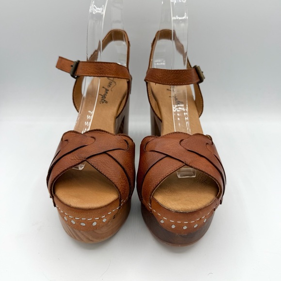 Orion Woven Clogs Teak Tan Platform Sandals wood base leather upper - Picture 3 of 9